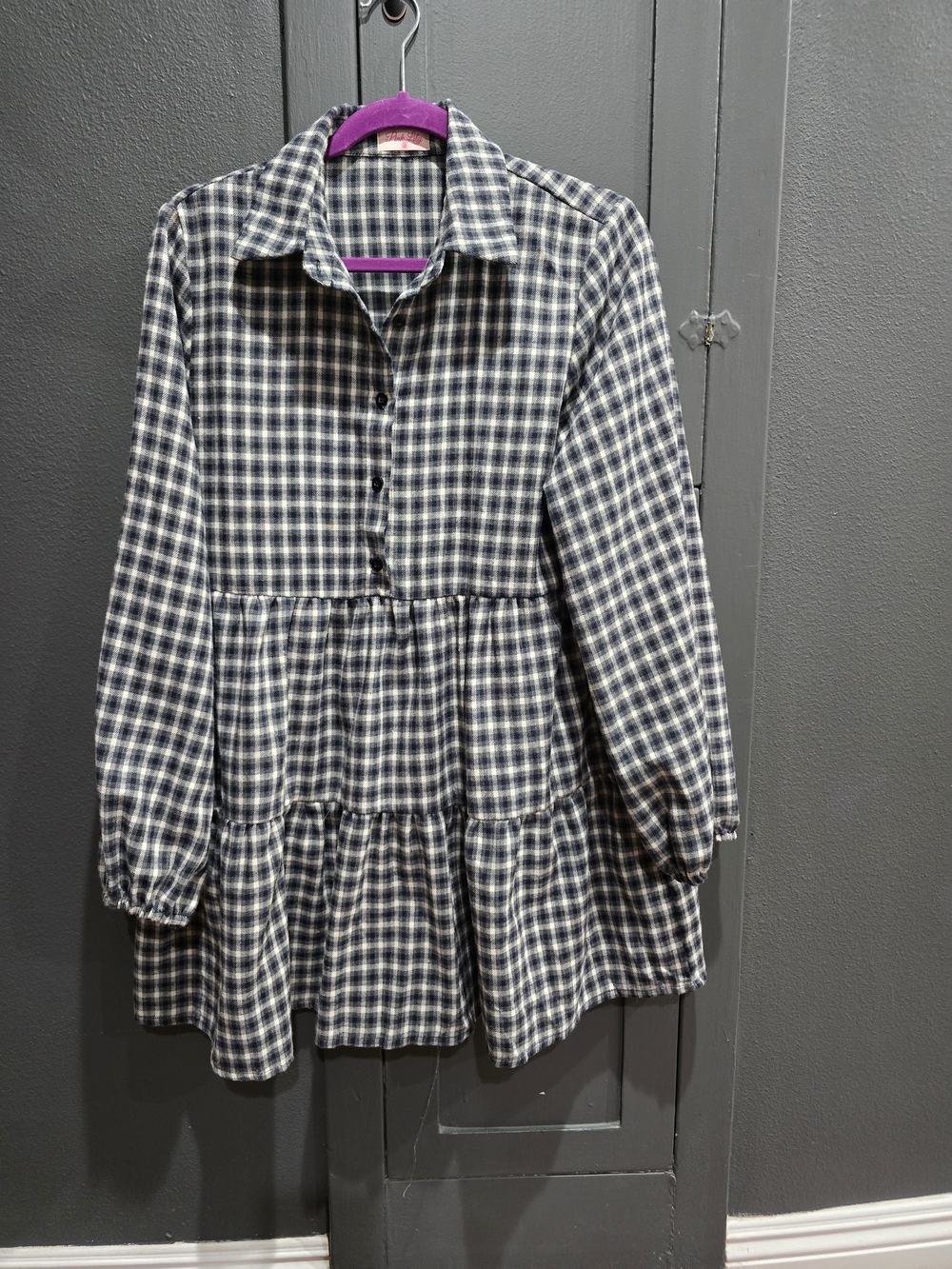 Pink Lily Navy and White Plaid Tiered Peasant Dress. Cotton/Linen